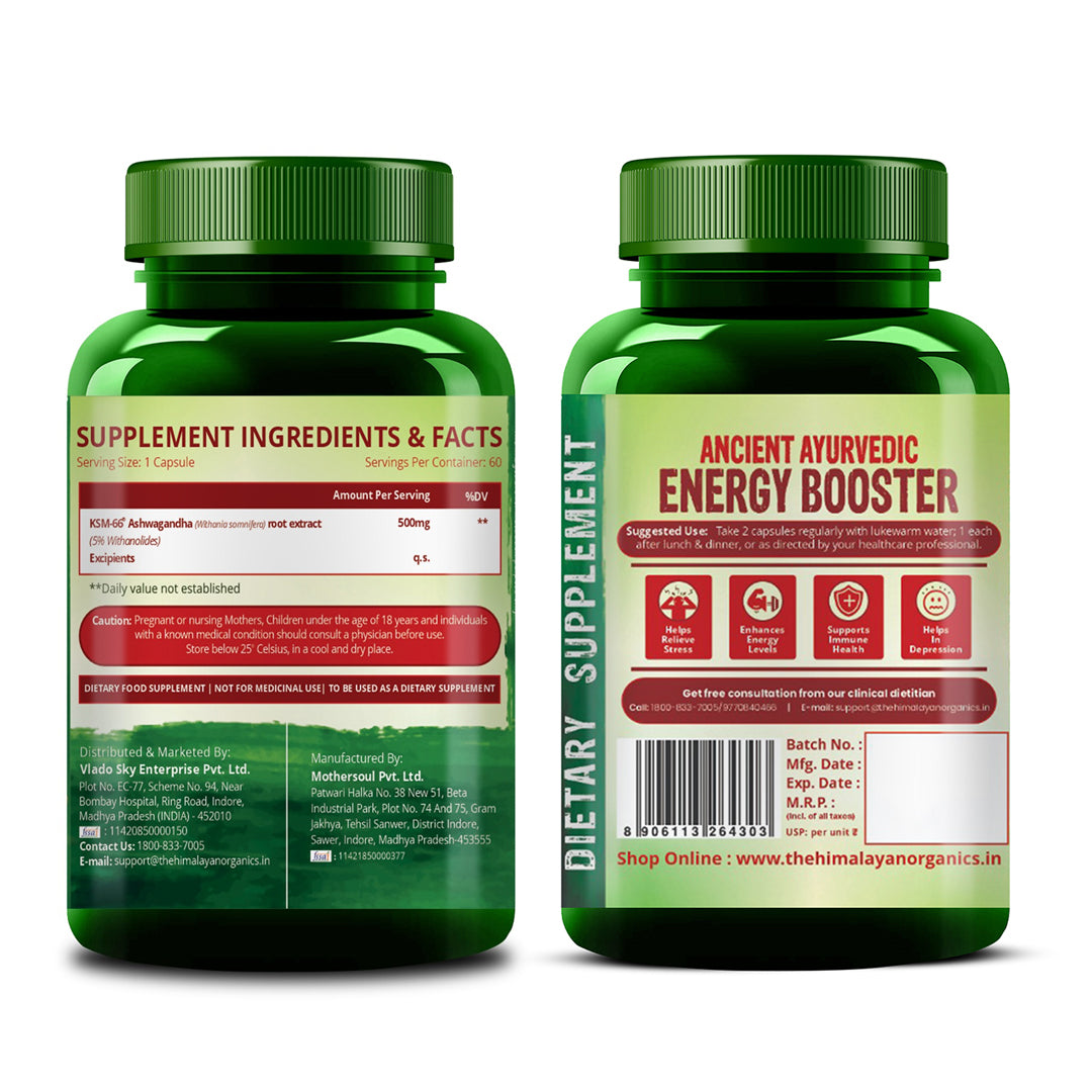 Vlado's Himalayan Organics KSM - 66 Ashwagandha 1000Mg I KSM-66 I Boost Energy, Strength, Stamina | Helps Anxiety & Stress Relief For Men & Women (60 Capsules)