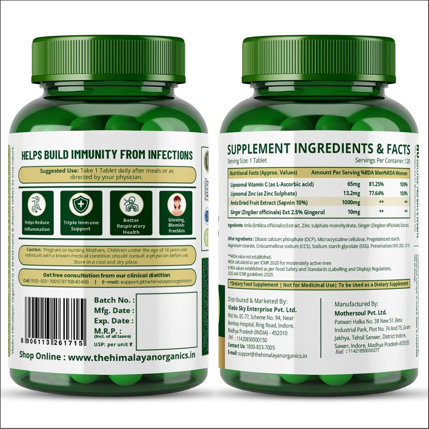Vlado's Himalayan Organics Natural Liposomal Vitamin C Tablets | Amla Extract with Zinc | Liposomal Vitamin C Formula | 120 Veg Tablets
