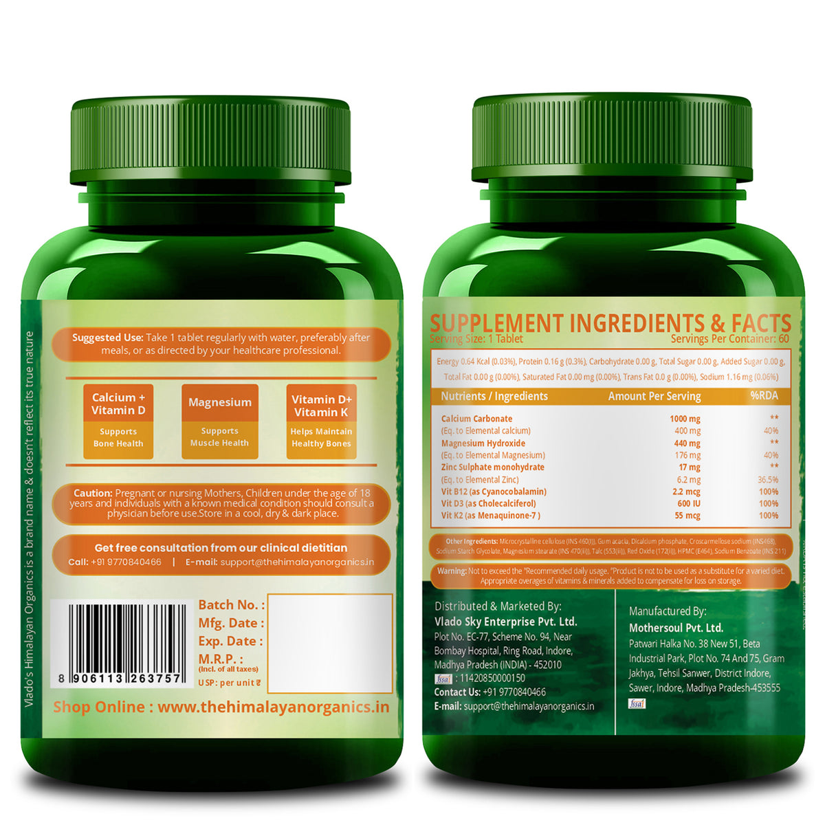 Vlado's Himalayan Organics Calcium Magnesium Zinc Vitamin D3 & B12- 60 Vegetarian Tablets