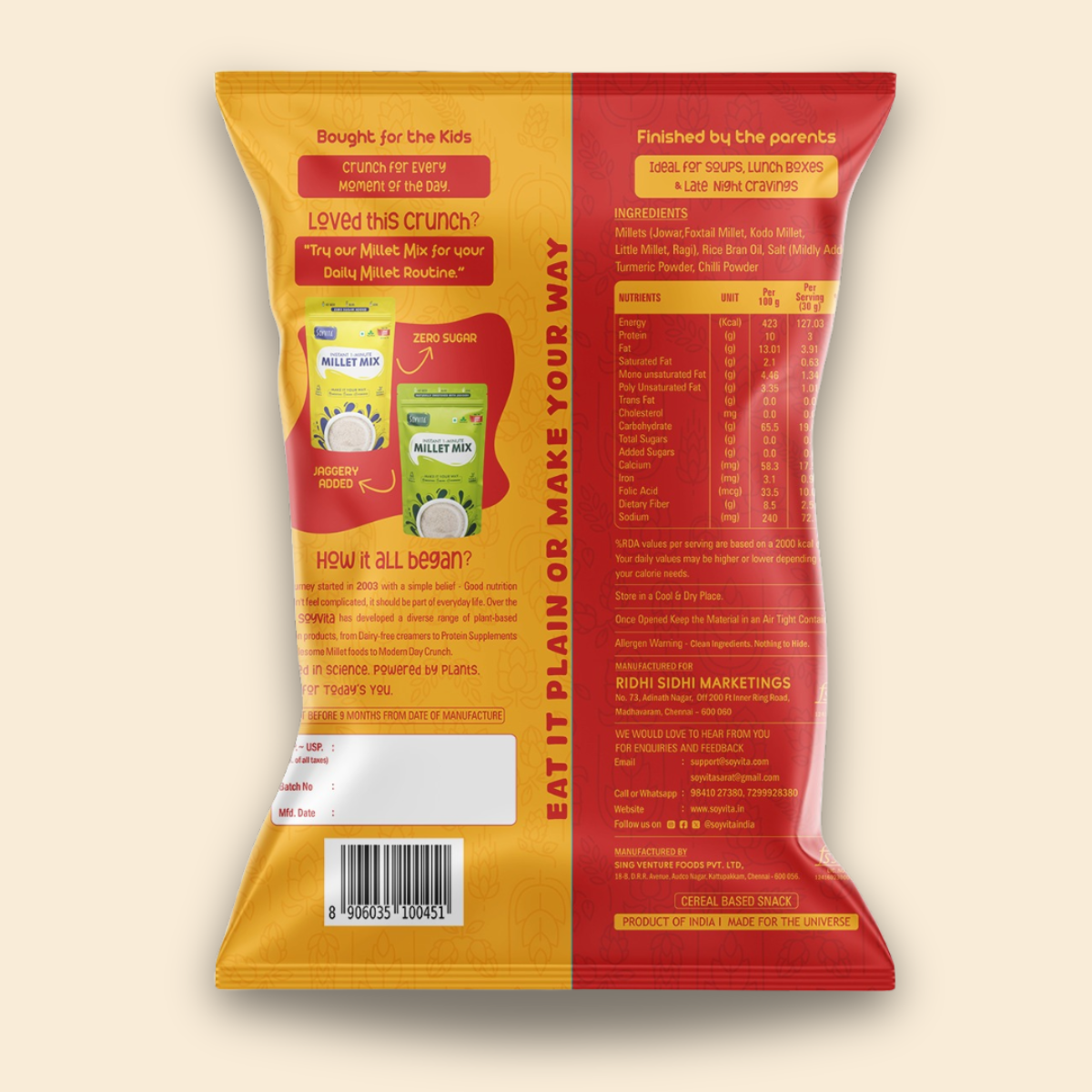 Multi Millet Masala Pori | Smart Crunch with 5 Millets | Anytime Snack | 100 Gms | Pack of 3