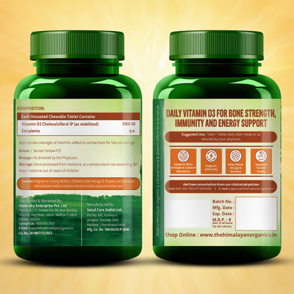 Vlado's Himalayan Organics Vitamin D3 5000 IU Chewable Tablets | Cholecalciferol | Orange Flavour | Dietary Supplement for Men & Women | 60 Tablets