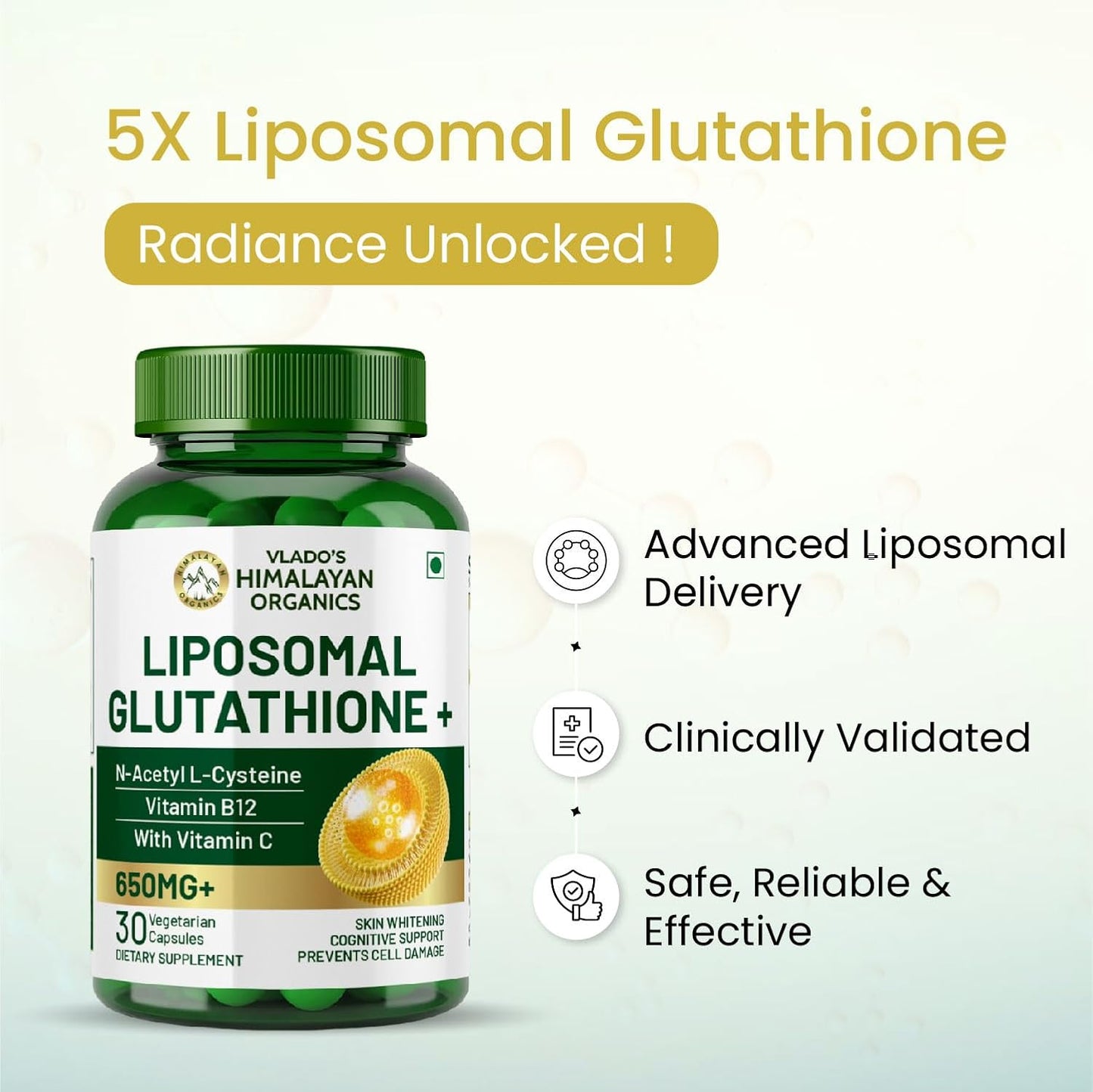 Vlado's Himalayan Organics Liposomal Glutathione 650mg+ with N-Acetyl L-Cysteine, Vitamin C & B12 | Advanced Liposomal Formula for High Absorption – 30 Veg Capsules