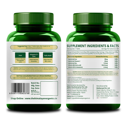 Vlado’s Himalayan Organics Liposomal Iron with Vitamin C, Vitamin B12, Zinc & Folic Acid – 100 Veg Tablets