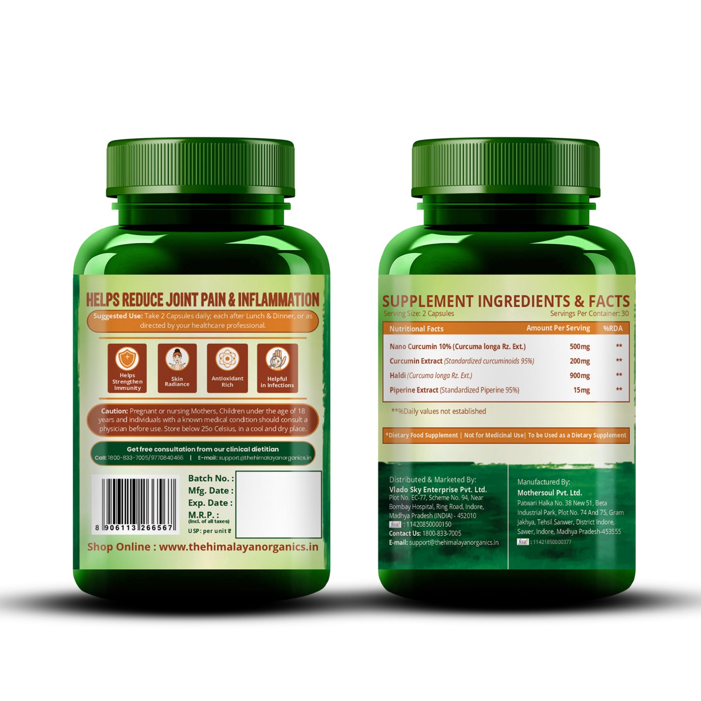 Vlado's Himalayan Organics Nano Curcumin 1600 mg+ | 95% Curcuminoids with Turmeric & Piperine | Dietary Supplement for Men & Women | 60 Capsules
