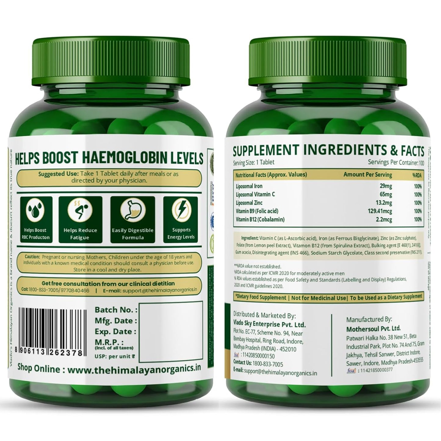 Vlado’s Himalayan Organics Liposomal Iron with Vitamin C, Vitamin B12, Zinc & Folic Acid – 100 Veg Tablets