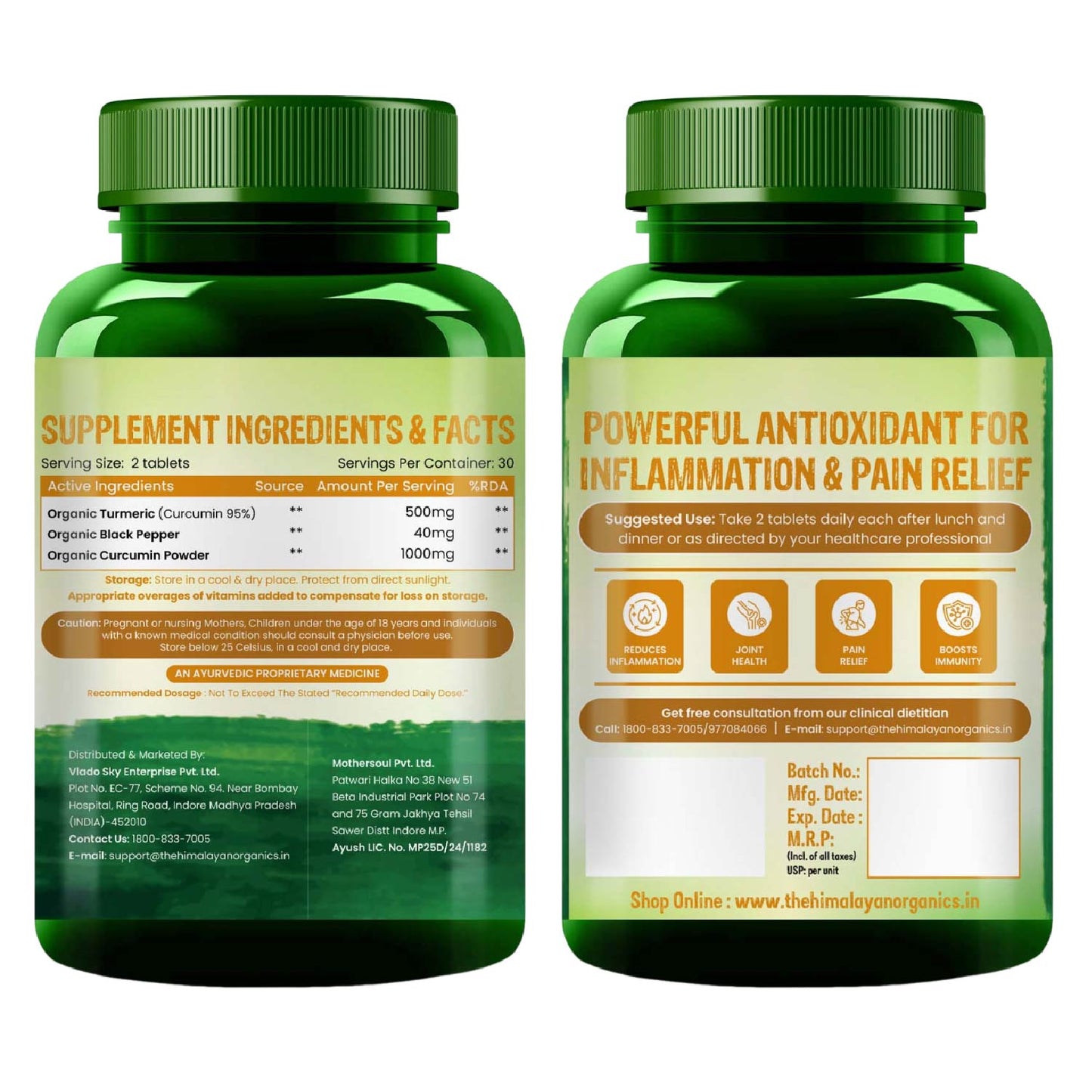Vlado's Himalayan Organics Organic Curcumin Tablets with Black Pepper & 95% Curcuminoids | 1500+ mg per Serving | 60 Veg Tablets