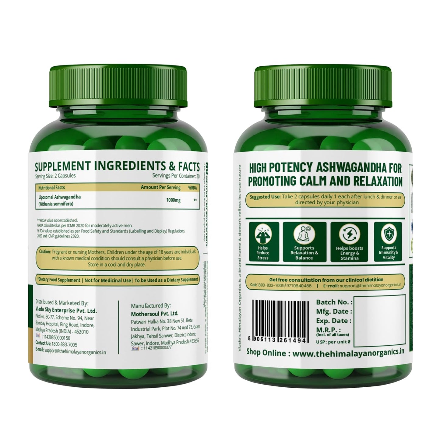 Vlado's Himalayan Organics Liposomal Ashwagandha 1000mg per Serving | Ashwagandha Root Extract | 60 Veg Capsules