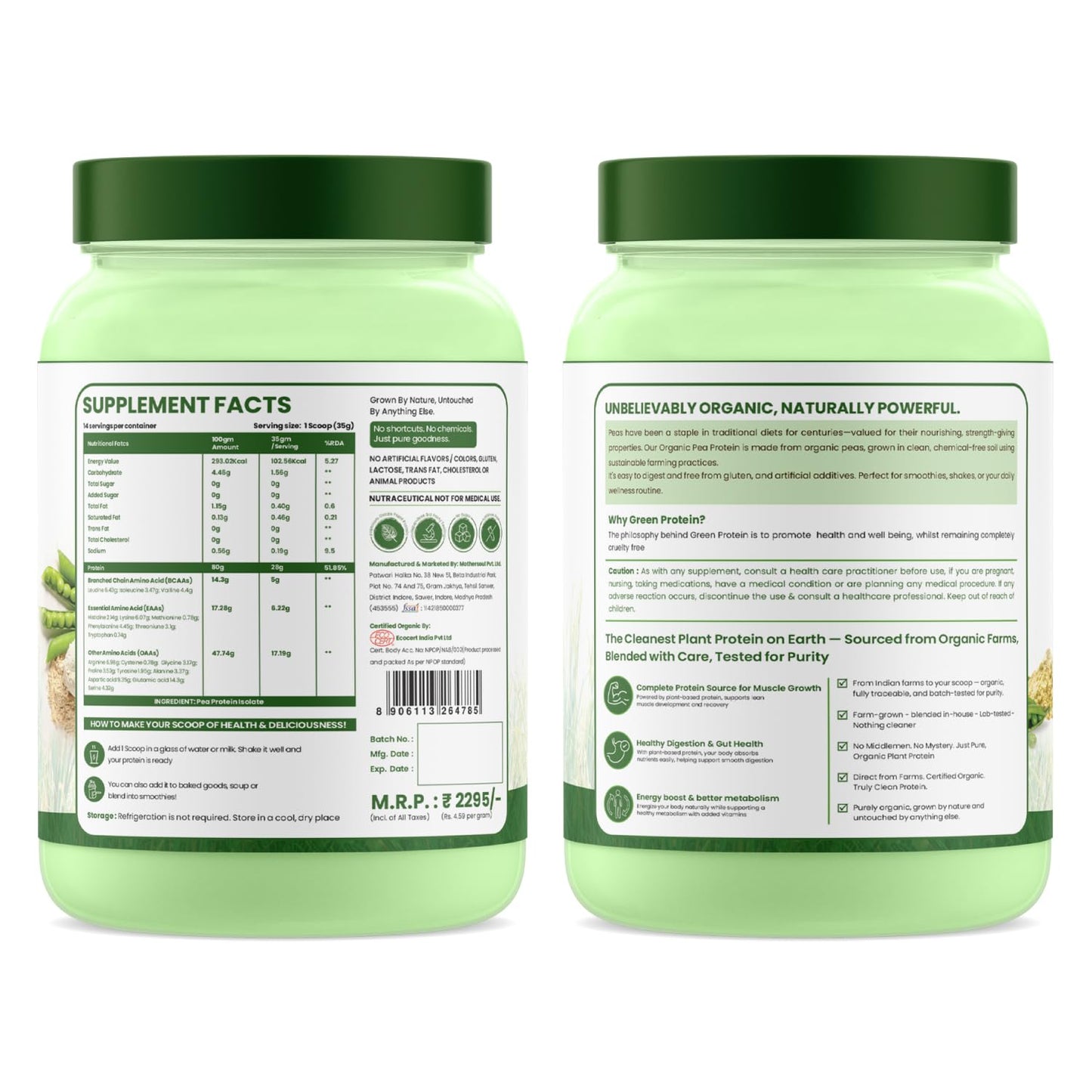 Vlado Himalayan Organics Plant-Based Protein Powder | 100% Organic Pea Protein | 28g Protein, 5g BCAA per Serving | Clean, Vegan, Fast-Absorbing | No Bloating, Easy to Digest | Unflavoured – 500g