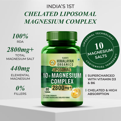 Vlado's Himalayan Organics Liposomal Magnesium Supplement 28000mg | 10 Magnesium Complex with Magnesium Citrate, Glycinate, Threonate, Oxide & More | With Vitamin D3 & B12 | High Bioavailability Formula | 60 Veg Tablets