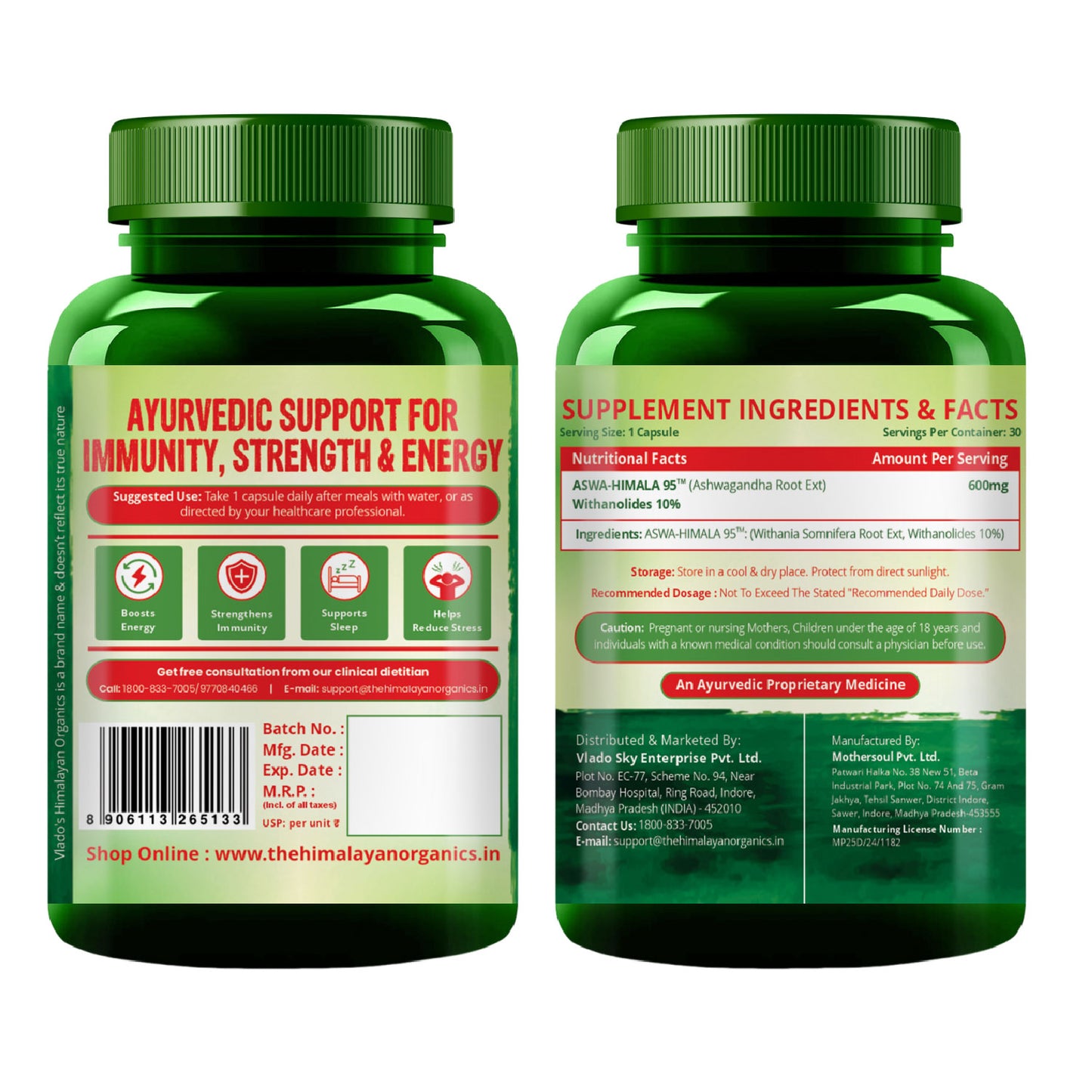 Vlado's Himalayan Organics Pure Ashwagandha Capsules | 10% Withanolides | 600 mg Ultra High Potency | Root-Only Extract | 30 Veg Capsules