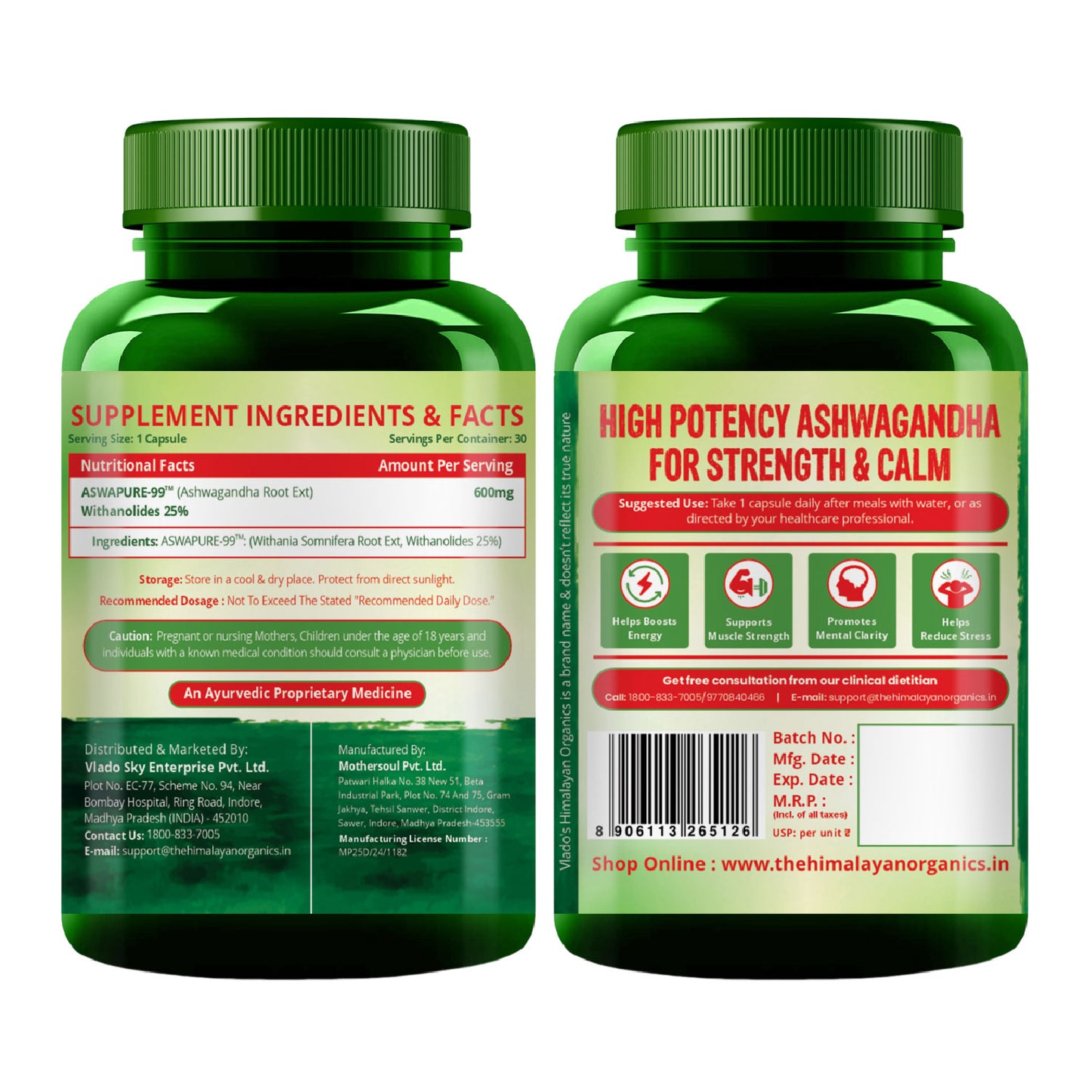 Vlado’s Himalayan Organics Ashwagandha 25% Withanolides – High-Potency 600 mg Extract – Lab-Tested | 30 Capsules