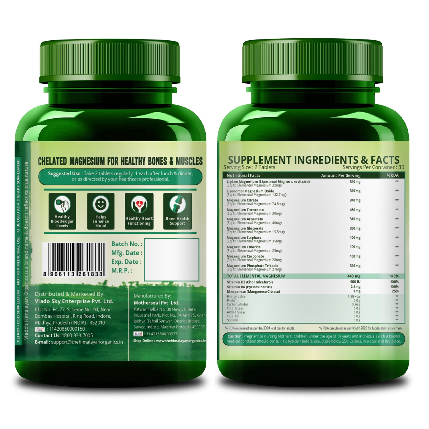 Vlado's Himalayan Organics Liposomal Magnesium Supplement 28000mg | 10 Magnesium Complex with Magnesium Citrate, Glycinate, Threonate, Oxide & More | With Vitamin D3 & B12 | High Bioavailability Formula | 60 Veg Tablets
