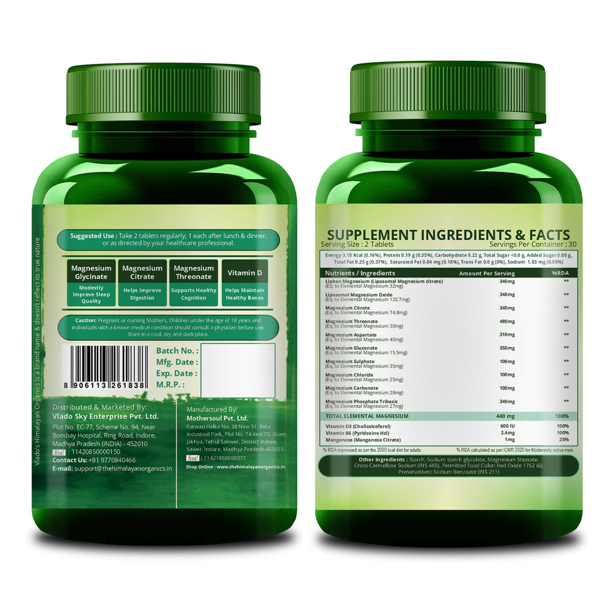 Vlado's Himalayan Organics Liposomal Magnesium Supplement 28000mg | 10 Magnesium Complex with Magnesium Citrate, Glycinate, Threonate, Oxide & More | With Vitamin D3 & B12 | High Bioavailability Formula | 60 Veg Tablets