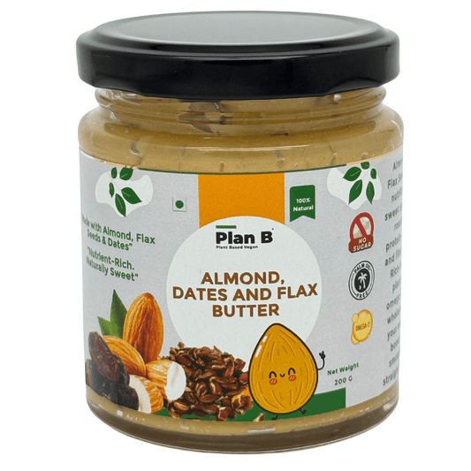 Plan B Almond Butter with Flax Seeds & Dates | Natural Sweetened Vegan Nut Butter | High Protein, Omega-3 Rich | No Added Sugar, Gluten-Free, Dairy-Free | Healthy Spread for Energy & Immunity | 200g