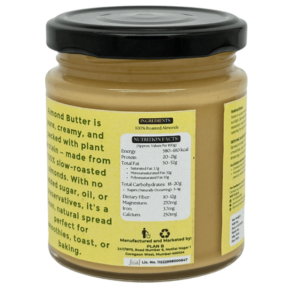 Plan B Natural Almond Butter | Creamy, Vegan, No Added Sugar | High Protein Nut Butter | Gluten-Free & Dairy-Free Healthy Spread | 100% Roasted Almonds | 200g Jar
