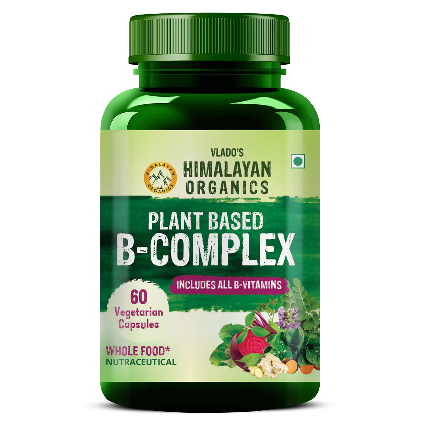 Vlado's Himalayan Organics Plant Based B Complex Vitamins B12, B1, B3, B2, B9 - 60 Veg Capsules