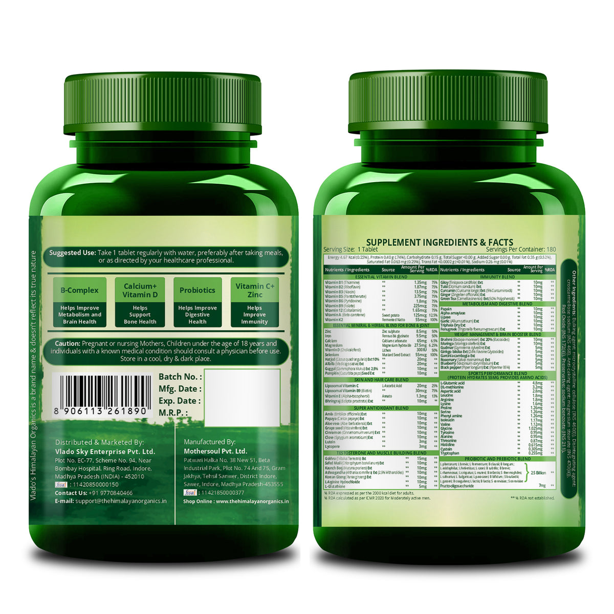 Vlado's Himalayan Organics Multivitamin for Men & Women with 100  Ingredients | With Probiotics, Herbal Extracts & Minerals | 180 Veg Tablets