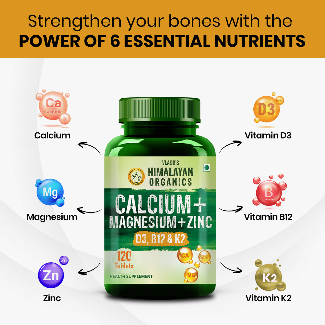 Vlado's Himalayan Organics Calcium Magnesium Zinc Vitamin D3 & B12- 120 Vegetarian Tablets