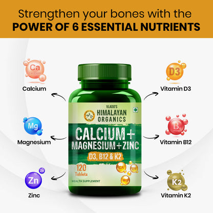 Vlado's Himalayan Organics Calcium Magnesium Zinc Vitamin D3 & B12- 120 Vegetarian Tablets