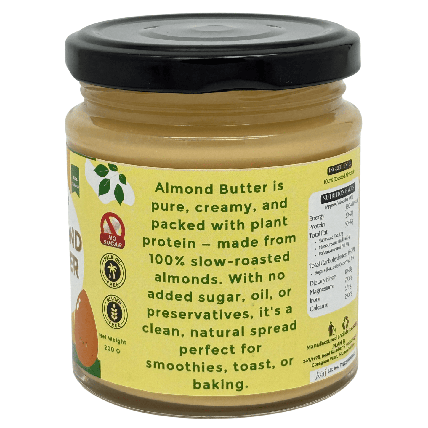 Plan B Natural Almond Butter | Creamy, Vegan, No Added Sugar | High Protein Nut Butter | Gluten-Free & Dairy-Free Healthy Spread | 100% Roasted Almonds | 200g Jar