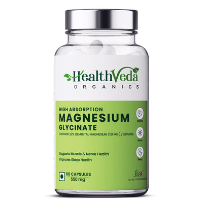 Health Veda Organics High Absorption Magnesium Glycinate, 550mg (Elemental Magnesium 121 mg) | 60 Veg Capsules