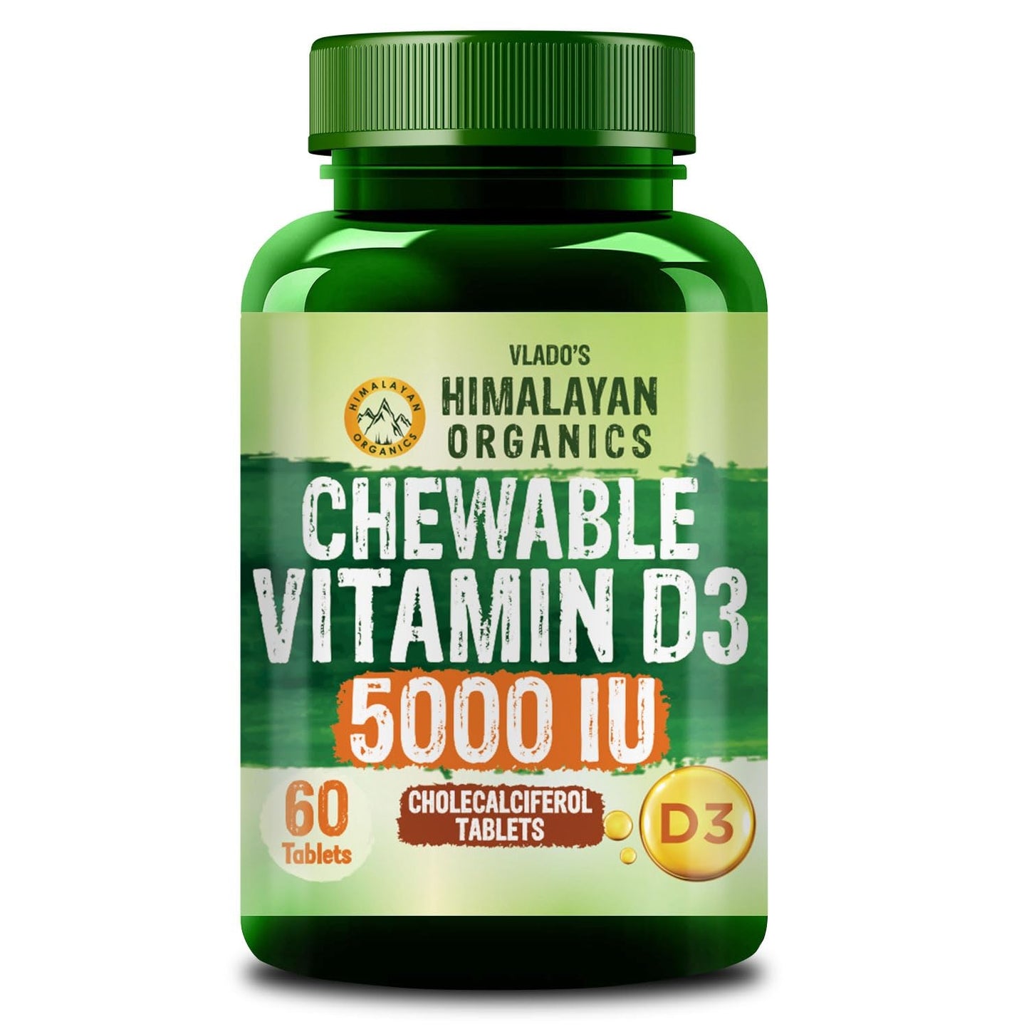 Vlado's Himalayan Organics Vitamin D3 5000 IU Chewable Tablets | Cholecalciferol | Orange Flavour | Dietary Supplement for Men & Women | 60 Tablets