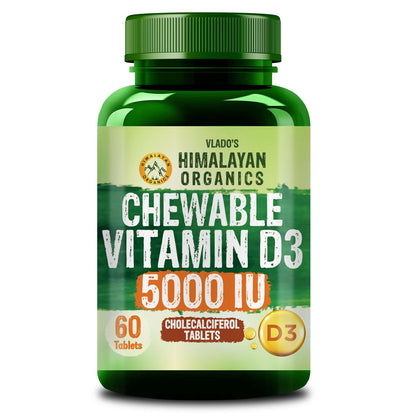 Vlado's Himalayan Organics Vitamin D3 5000 IU Chewable Tablets | Cholecalciferol | Orange Flavour | Dietary Supplement for Men & Women | 60 Tablets