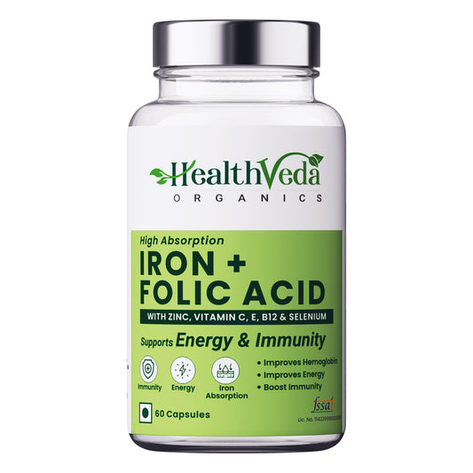 Health Veda Organics Iron + Folic Acid with Zinc, Vitamin C & Vitamin B12 | 60 Veg Capsules | Supports Blood Building, Immunity and Energy | Enhances Iron Absorption| For Both Men & Women