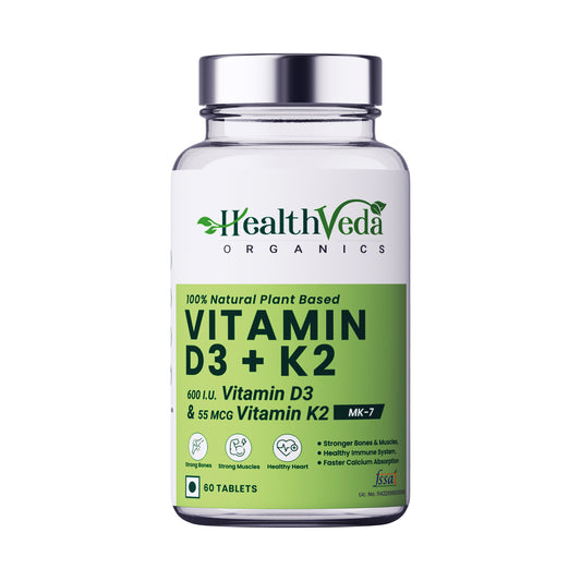 Health Veda Organics Vitamin D3 (600 IU) + Vitamin K2 as MK7 Supplement (55mcg) | 60 Veg Tablets | Supports Healthy Bones, Immunity & Joint Health | For Men & Women