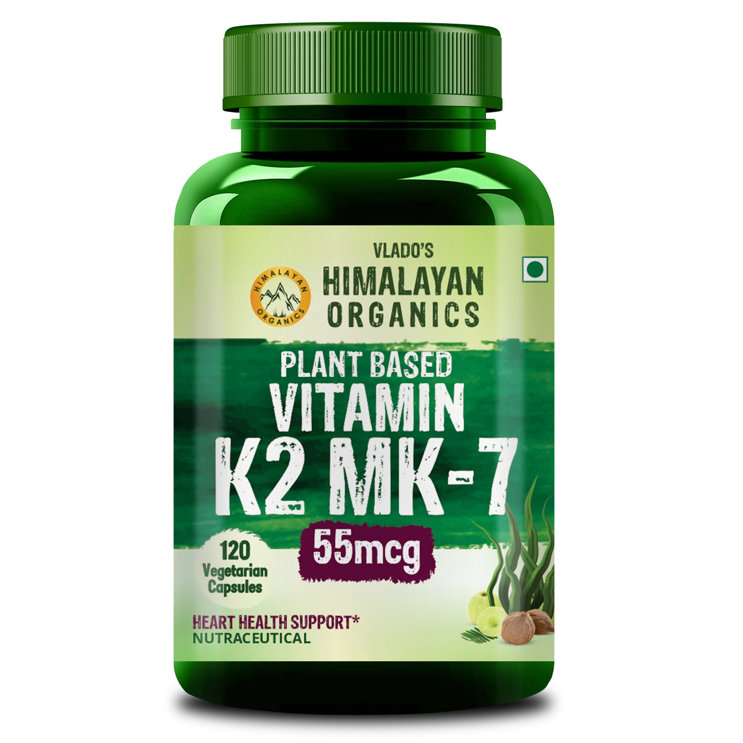 Vlado's Himalayan Organics Plant-Based Vitamin K2 MK- 7 Supplement 55 MCG / Serving - k2 supplements for Men & Women - 120 Veg Capsules