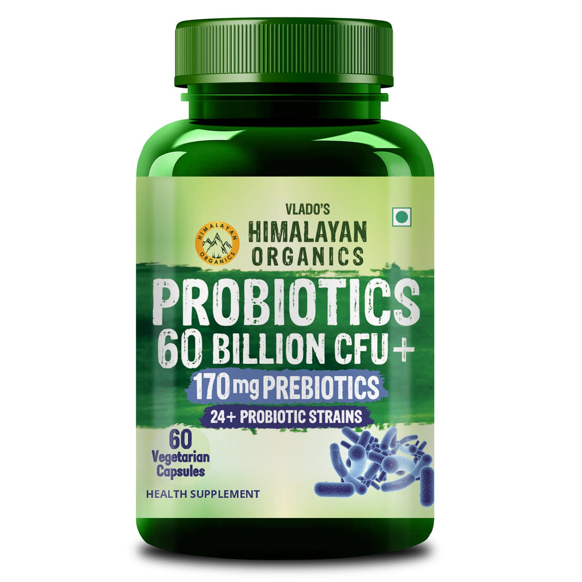 Vlado’s Himalayan Organics Probiotics Supplement 60 Billion CFU with 170mg Prebiotics & 24 Strains | Plant-Based Formula | 60 Veg Capsules