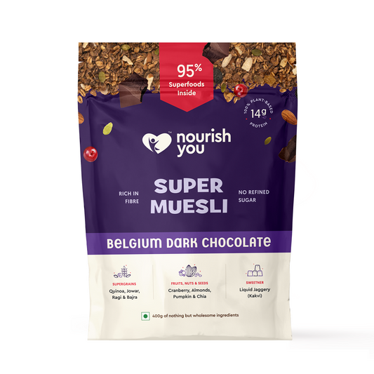 Nourish You Super Muesli Belgium Dark Chocolate 400g | High Protein Breakfast | With Raisins, Almonds, Oats & Belgium Dark Chocolate | No Refined Sugar | Breakfast Cereal | with Supergrains Quinoa , Jowar , Bajra , Ragi |