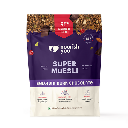 Nourish You Super Muesli Belgium Dark Chocolate 400g | High Protein Breakfast | With Raisins, Almonds, Oats & Belgium Dark Chocolate | No Refined Sugar | Breakfast Cereal | with Supergrains Quinoa , Jowar , Bajra , Ragi |