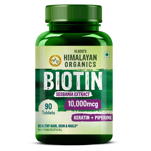 Vlado's Himalayan Organics Biotin 10,000mcg with Keratin + Piperine Supplement For Healthy Hair, Skin & Nails - 90 Veg Tablets