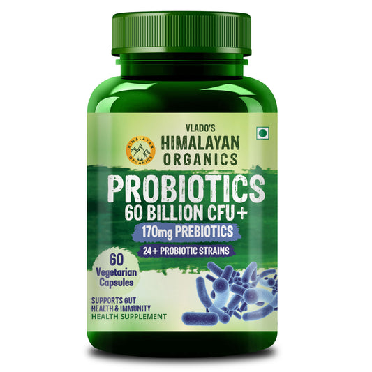 Vlado’s Himalayan Organics Probiotics Supplement 60 Billion CFU with 170mg Prebiotics & 24 Strains | Plant-Based Formula | 60 Veg Capsules