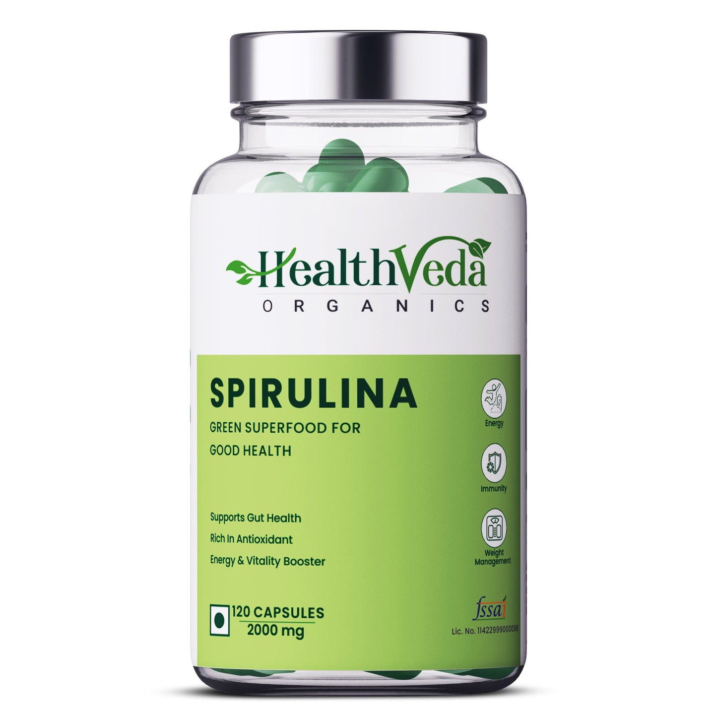 Health Veda Organics Plant Based Spirulina, 2000 mg | 120 Veg Capsules I Supports Weight Management & Boosts Immunity | For both Men & Women