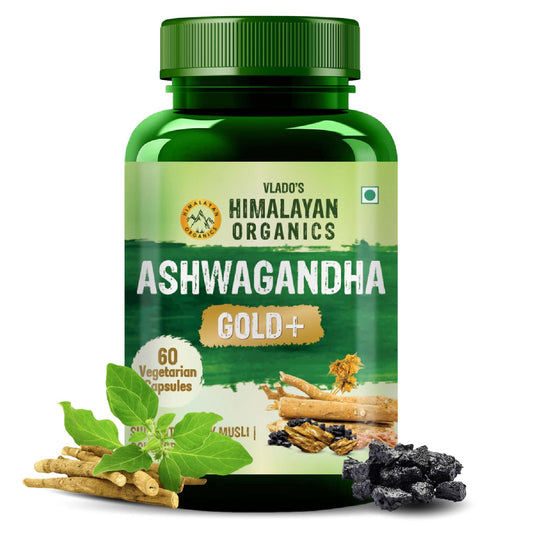 Vlado's Himalayan Organics Ashwagandha Gold Plus with 24-Karat Swarna Bhasma | Blend of Ashwagandha, Shilajit & Herbs | 60 Veg Capsules