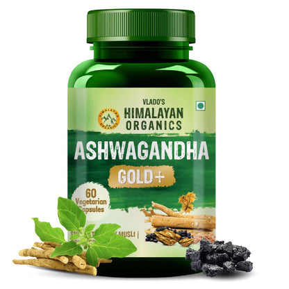 Vlado's Himalayan Organics Ashwagandha Gold Plus with 24-Karat Swarna Bhasma | Blend of Ashwagandha, Shilajit & Herbs | 60 Veg Capsules