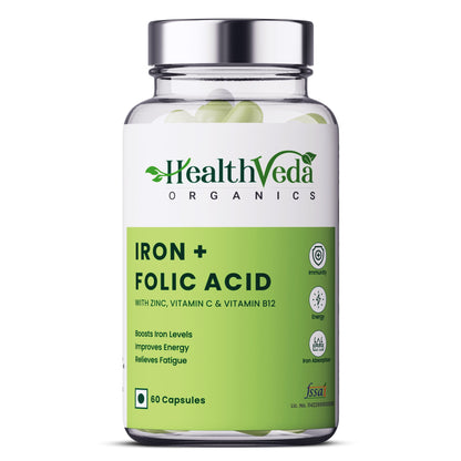 Health Veda Organics Iron + Folic Acid with Zinc, Vitamin C & Vitamin B12 | 60 Veg Capsules | Supports Blood Building, Immunity and Energy | Enhances Iron Absorption| For Both Men & Women