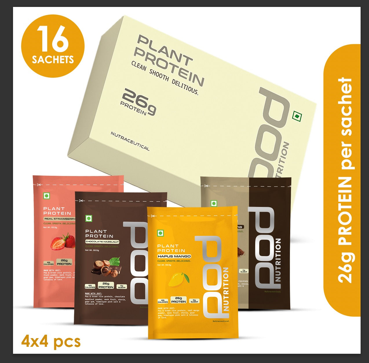 POD NUTRITION Pea Protein Isolate Powder | Vegan Plant Protein, No Added Sugar, Dairy Free| Clean & Easy to Digest with Essential Amino Acids (Assorted Sachet Pack of 16)
