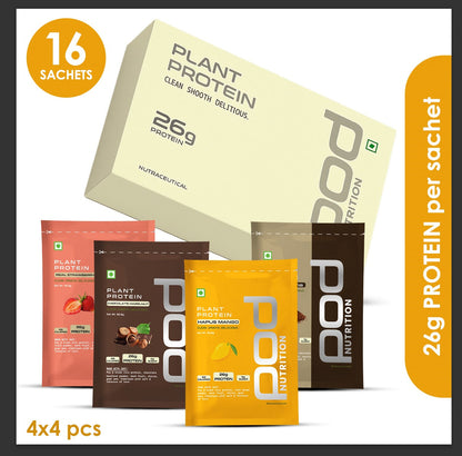 POD NUTRITION Pea Protein Isolate Powder | Vegan Plant Protein, No Added Sugar, Dairy Free| Clean & Easy to Digest with Essential Amino Acids (Assorted Sachet Pack of 16)