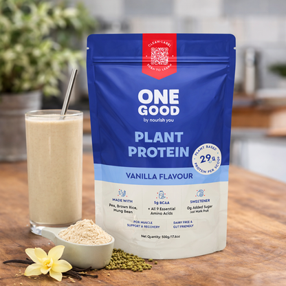 Nourish You 29g Per Serving Vanilla Plant based Protein Powder-500g | Pea, Brown Rice & Mung Bean Blend | Sweetened with Monk Fruit | No Soy, No Artificial Flavours | Superior Muscle Recovery | Gut Friendly
