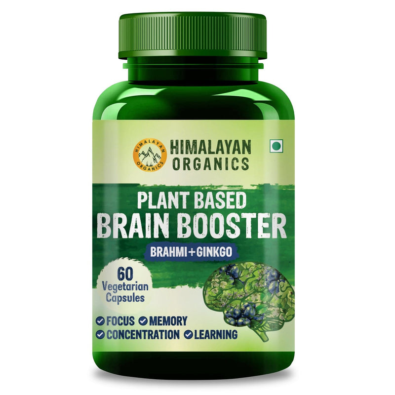 Himalayan Organics Plant Based Brain Booster Supplement with Ginkgo Biloba & Brahmi | Boost concentration & Memory | 60 Veg Capsules