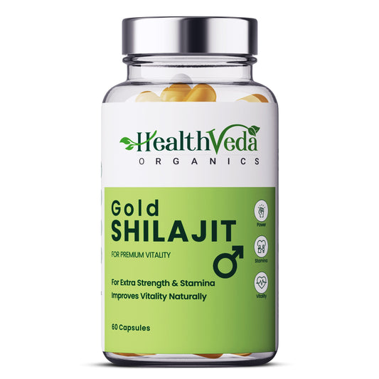 Health Veda Organics Gold Shilajit | 60 Veg Capsules I Boosts Stamina & Vitality in Men