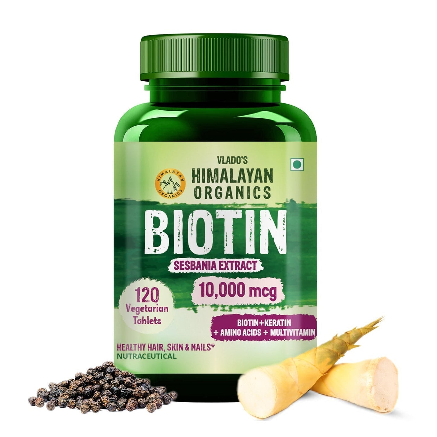 Vlado's Himalayan Organics Biotin 10,000 mcg Supplement with Keratin, Amino Acids & Multivitamin - 120 Veg Tablets