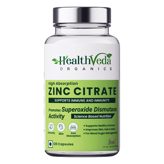 Health Veda Organics Zinc Citrate | Supports Immune and Immunity | Healthier Skin, Hair & Nails | Improves Iron Absorption | 120 Veg Capsules | For Both Men & Women