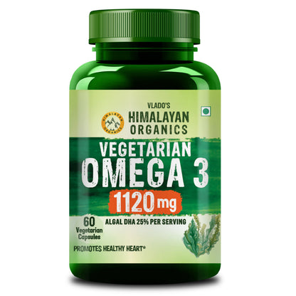 Vlado's Himalayan Organics Vegetarian Omega 3 – 1120 MG | 3X Strength | With Veg DHA & Algal Oil | Plant-Based Omega 3 | No Fish Oil | 60 Veg Capsules for Men & Women