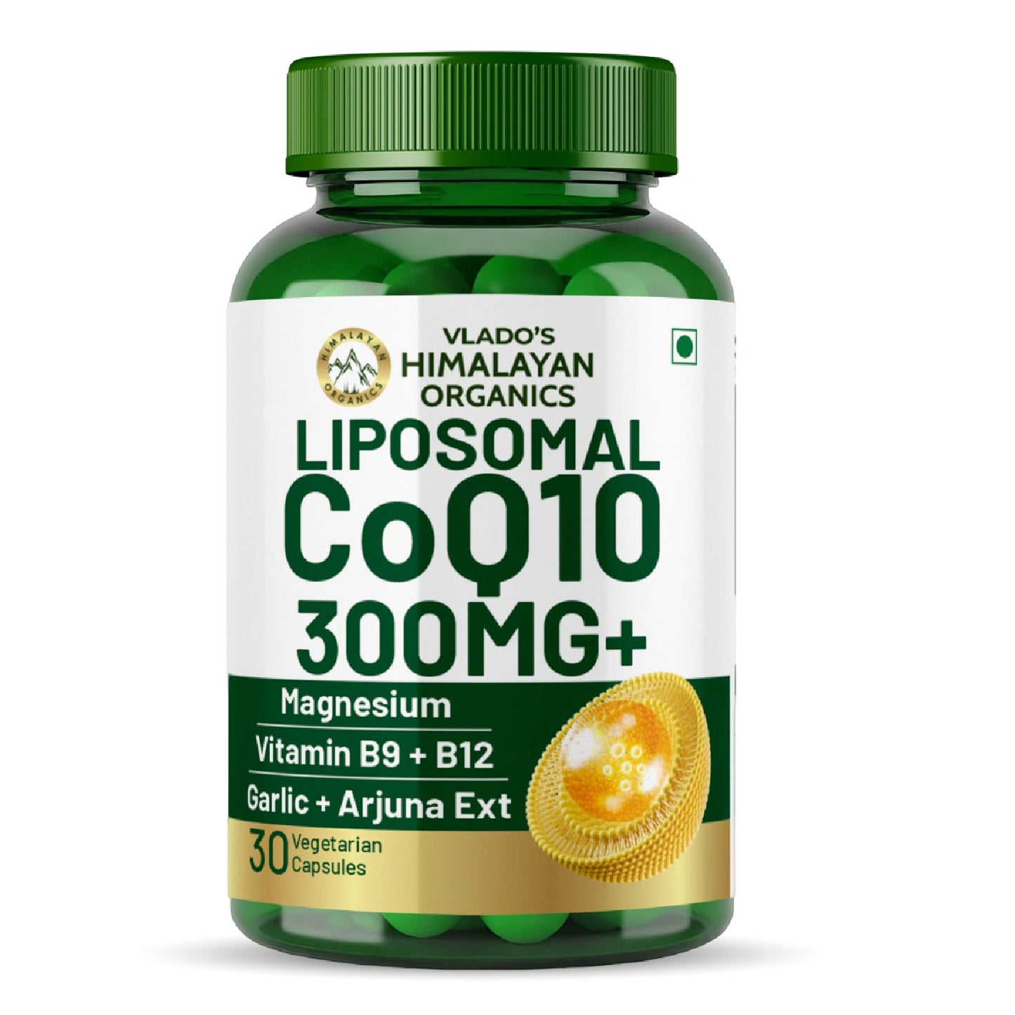 Vlado's Himalayan Organics Liposomal Coenzyme Q10 300mg+ with Magnesium, Vitamin B9 & B12, D-Chiro-Inositol, Garlic, Arjuna & Methyl Folate | High Absorption CoQ10 Ubiquinol Formula – 30 Capsules
