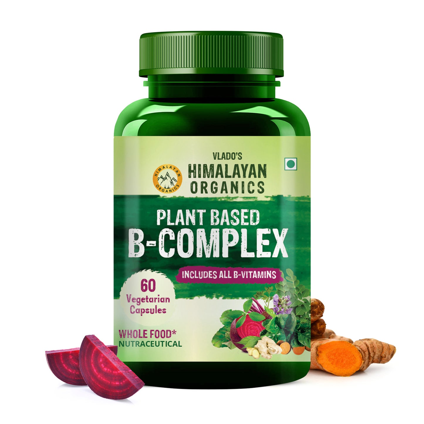 Vlado's Himalayan Organics Plant Based B Complex Vitamins B12, B1, B3, B2, B9 - 60 Veg Capsules