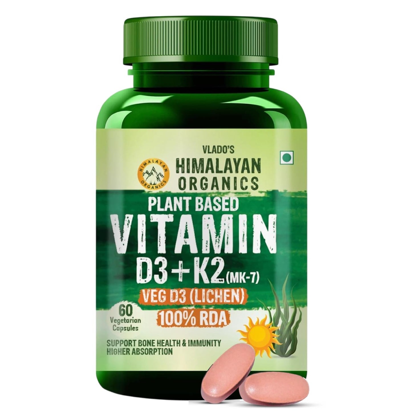 Vlado Himalayan Organics Plant Based Vitamin D3 600 IU + K2 MK7 55 mcg Capsules | Lichen-Sourced Vegan Vitamin D3 | Non-Synthetic Formula | 100% Vegetarian | 60 Capsules